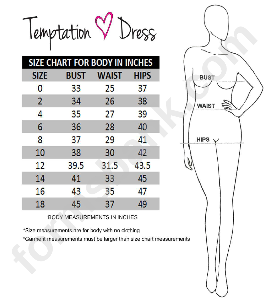 Temptation Dress Size Chart