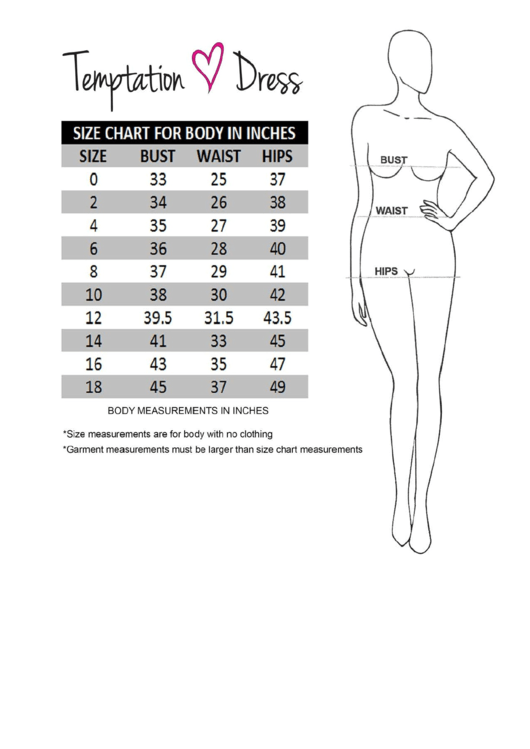Temptation Dress Size Chart Printable pdf