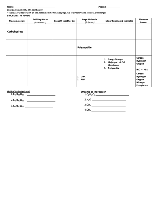 Biochemistry Worksheet Printable pdf