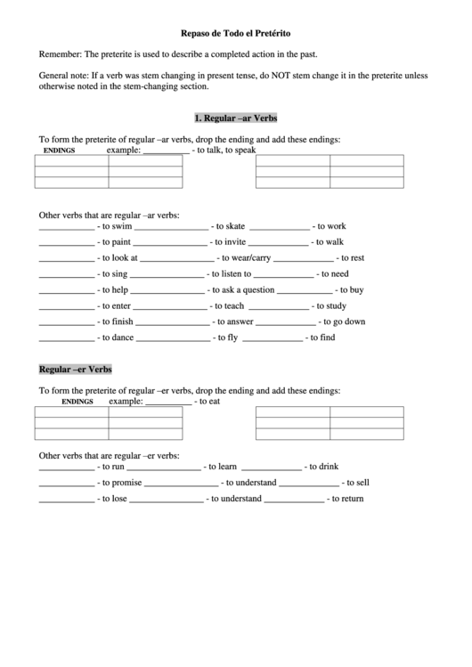 Repaso De Todo El Preterito (Spanish Language Worksheets - Verbs) Printable pdf