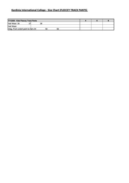 Kardinia International College - Size Chart (Fleecey Track Pants) Printable pdf