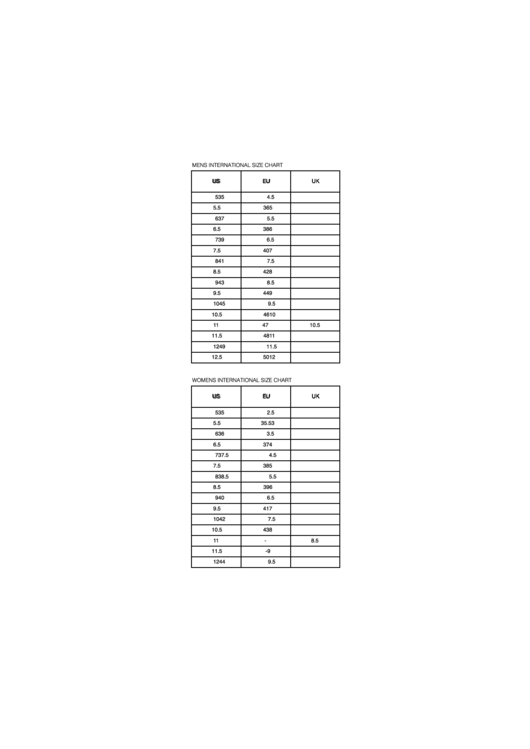 International Size Chart Printable pdf
