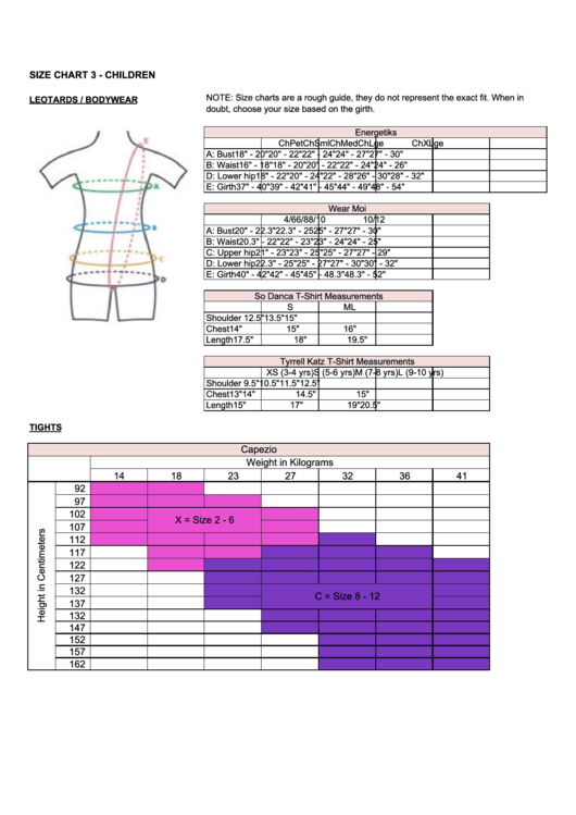 Dancewear Favourites Kids Size Chart Printable pdf