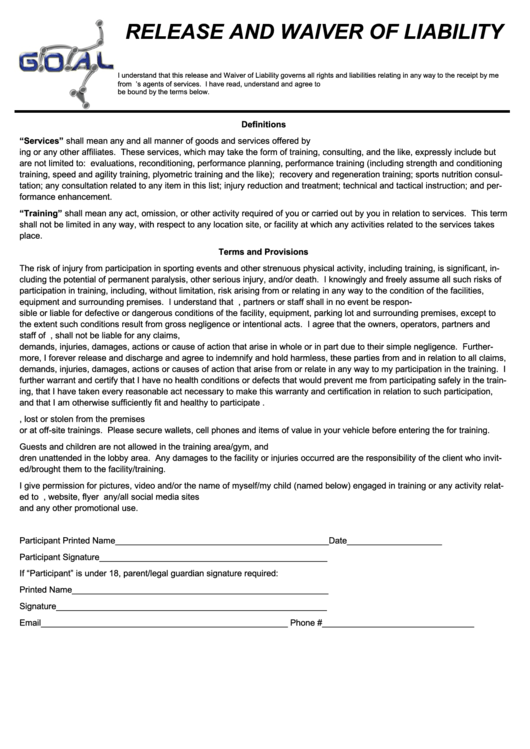Release And Waiver Of Liability - G.o.a.l. Performance Training Printable pdf