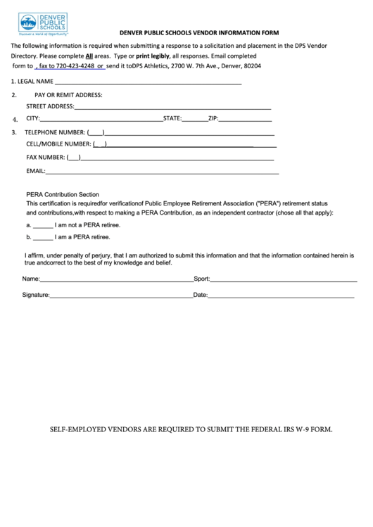 Fillable Vendor Form - Denver Public Schools Athletics Printable Pdf 