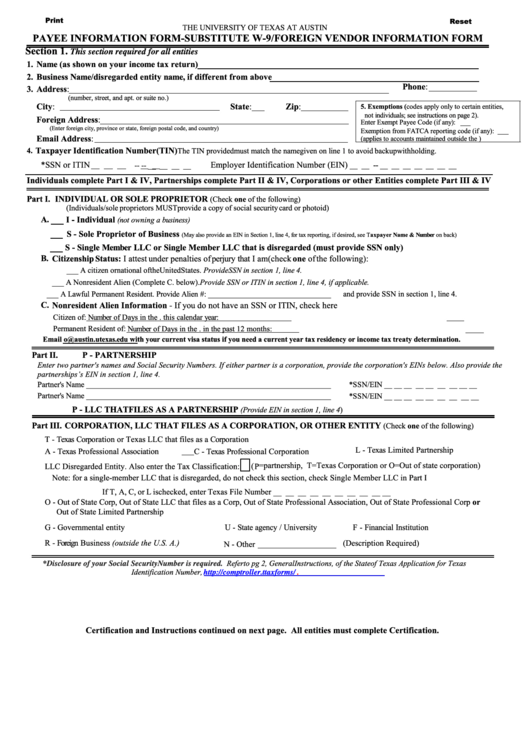 Fillable Payee Information Form-Substitute W-9/foreign Vendor Information Form - The University Of Texas At Austin Printable pdf