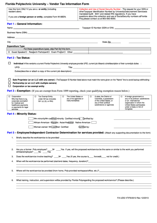 Fillable Vendor Tax Information Form - Florida Polytechnic University Printable pdf
