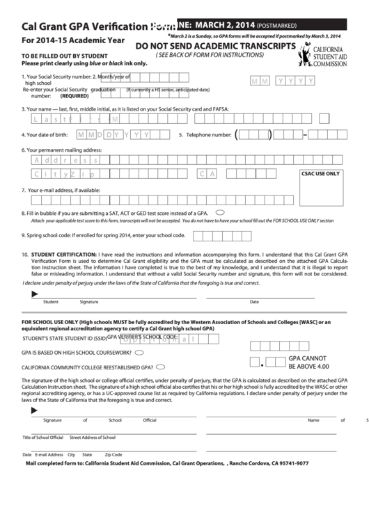 Cal Grant Gpa Verification Form - Caltech Financial Aid Printable pdf