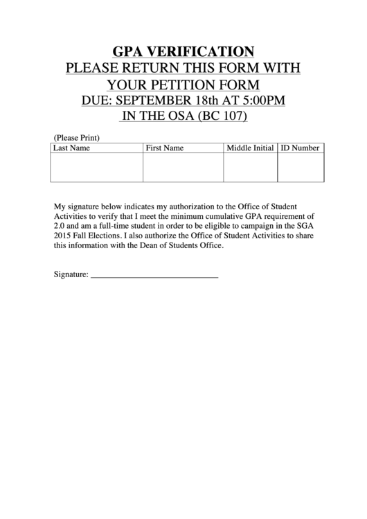 Gpa Verification Please Return This Form With Your Petition Form - Oleville Printable pdf
