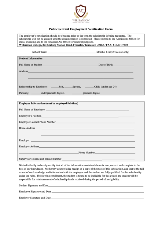 Public Servant Employment Verification Form - Williamson College Printable pdf