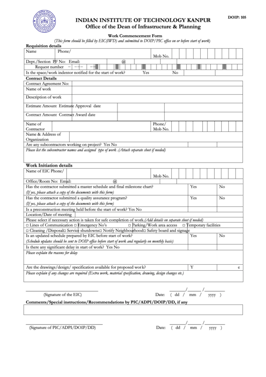 105 Work Commencement Form - Iit Kanpur Printable pdf