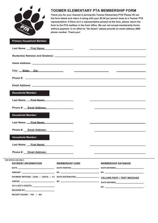 Toomer Elementary Pta Membership Form Printable pdf