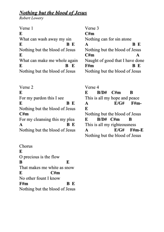 Robert Lowery Nothing But The Blood Of Jesus Guitar Chord Chart Printable Pdf Download