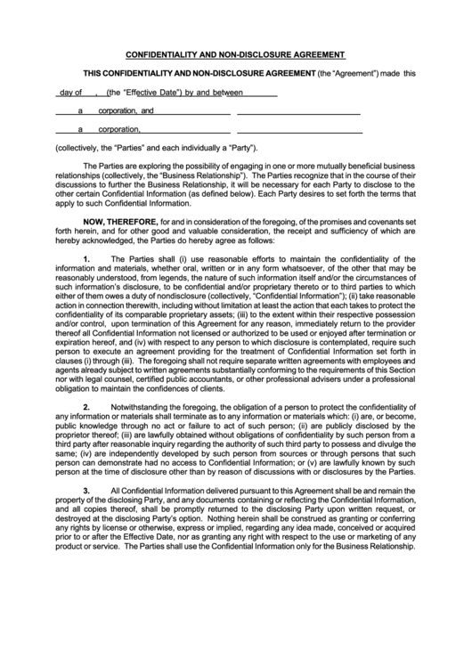 Confidentiality And Non-Disclosure Agreement Printable pdf