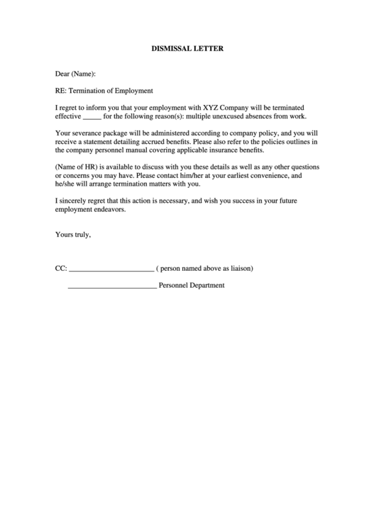 Employment Dismissal/termination Letter Printable pdf