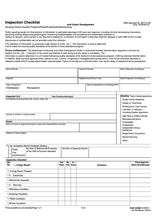 Housing Choice Voucher Program Inspection Checklist (Omb Approval No. 2577-0169) Printable pdf