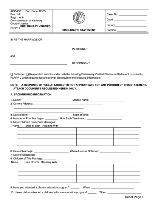 Fillable Preliminary Verified Disclosure Statement printable pdf download