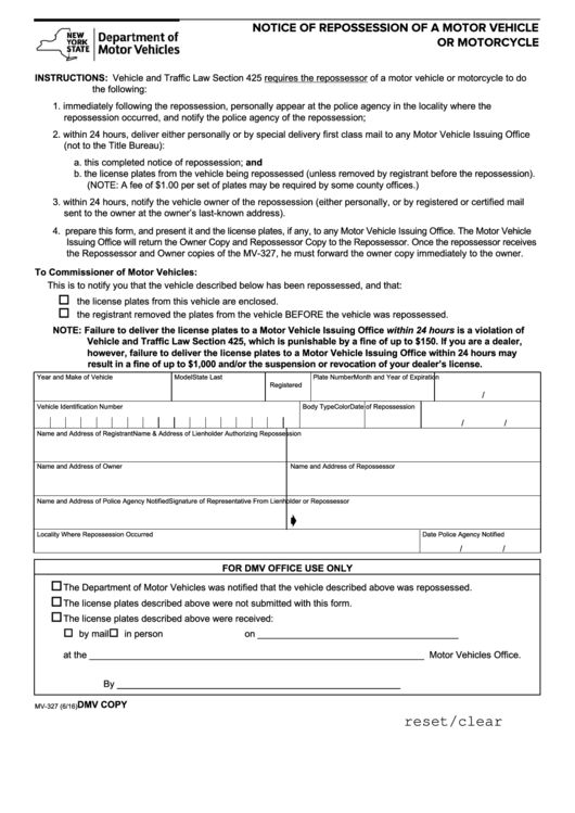 Fillable Form Mv-327 - Notice Of Repossession Of A Motor Vehicle Or Motorcycle Printable pdf