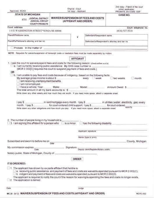 Waiver/suspension Of Fees And Costs (Affidavit And Order) Form Mc-20 Printable pdf