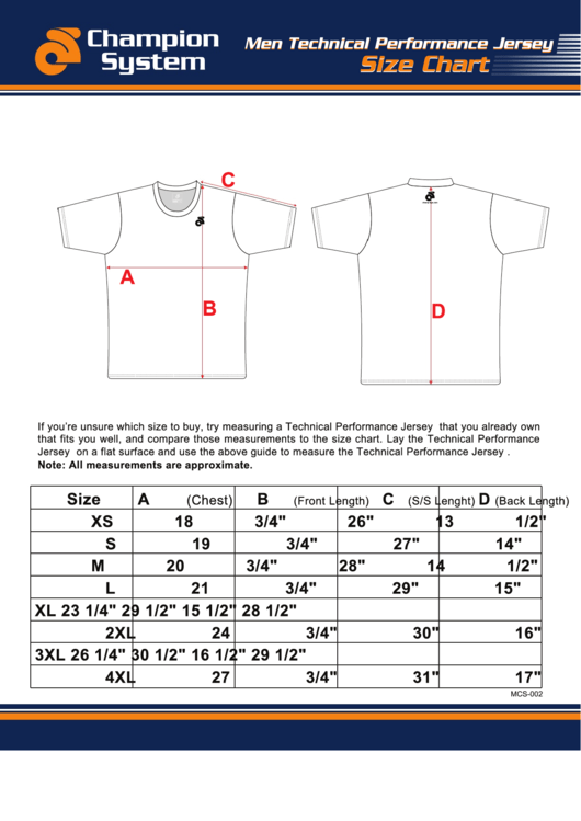 Champion System Men Technical Performance Jersey Size Chart Printable pdf