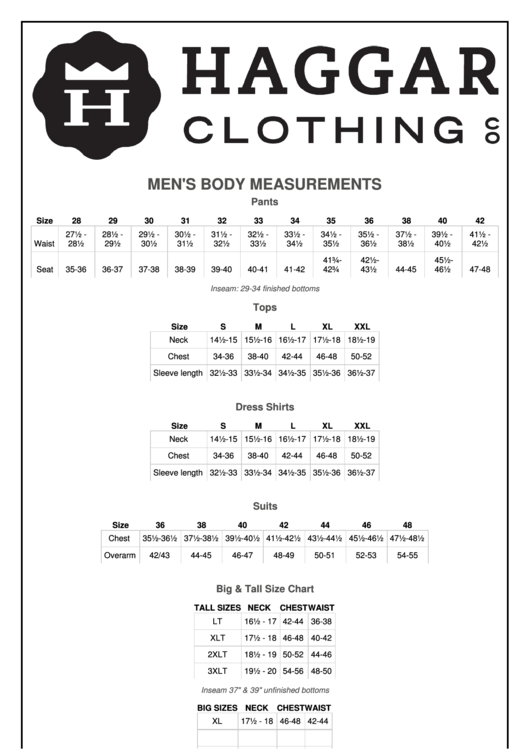 Haggar Clothing Size Chart Printable pdf