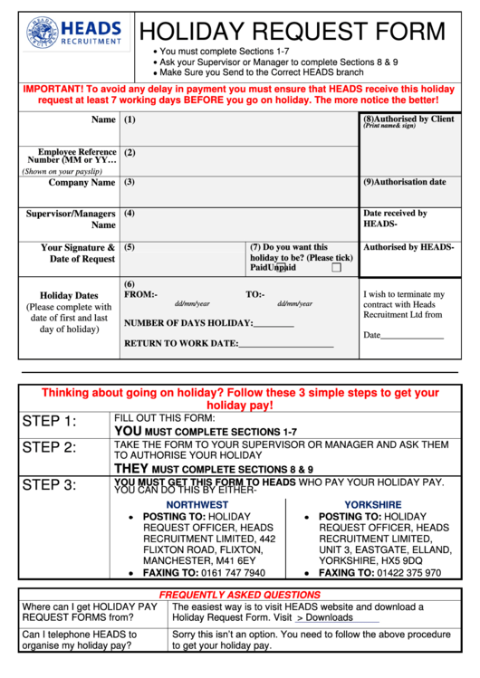 Holiday Request Form - Heads Recruitment Printable pdf
