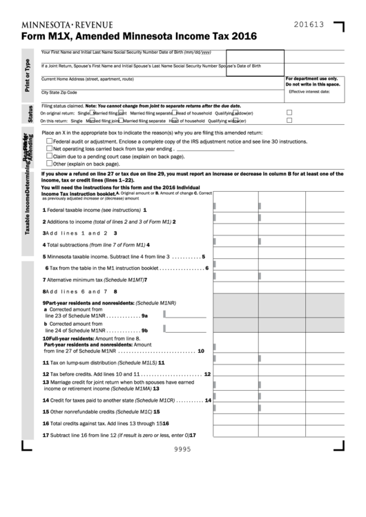 Form M1x, Amended Minnesota Income Tax - 2016 Printable pdf