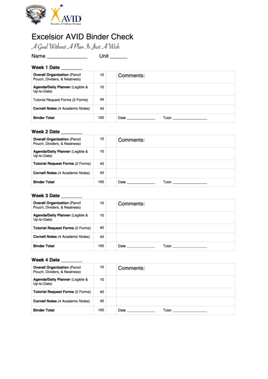Excelsior Avid Binder Check A Goal Without A Plan Is Just A Wish Printable pdf