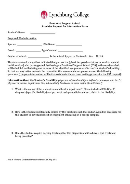 Esa Provider Request For Information Form - Lynchburg College Printable pdf