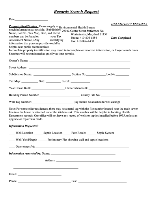 Request For Information Form - Carroll County Health Department Printable pdf