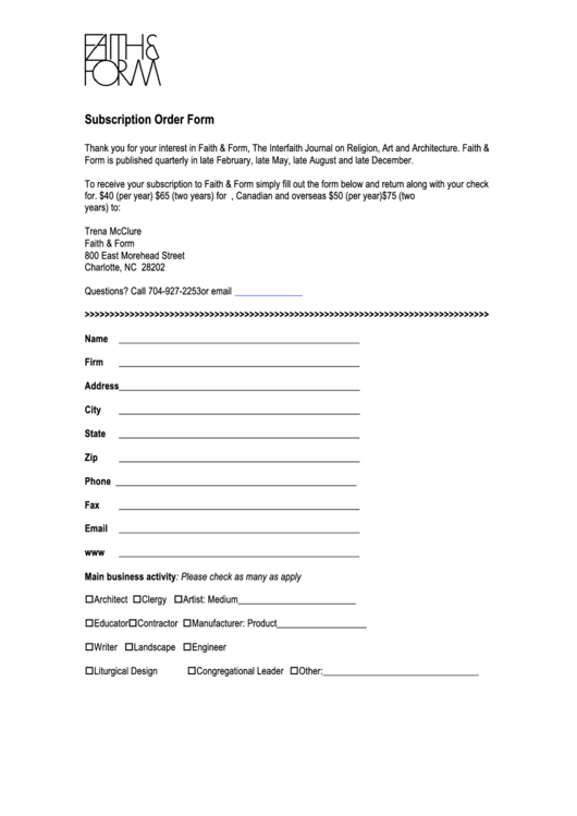Subscription Order Form - Faith & Form Printable pdf