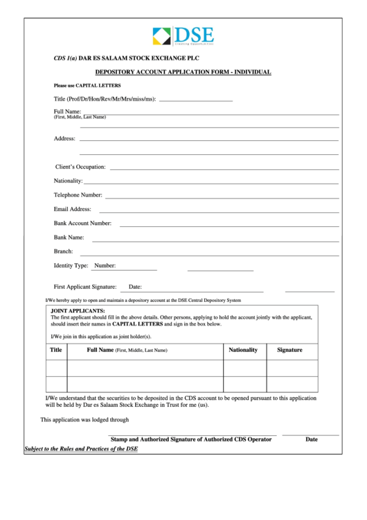 Cds 1(A) - Depository Account Application Form - Individual Printable pdf