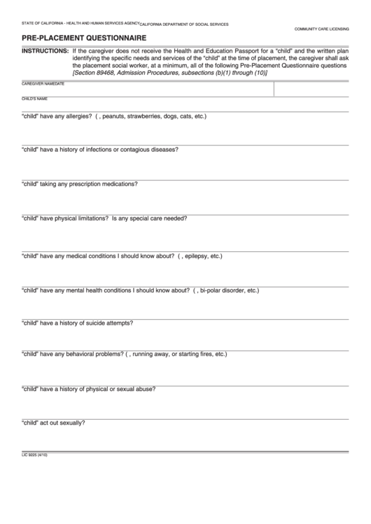 Fillable Pre-Placement Questionnaire - California Department Of Social Services Printable pdf
