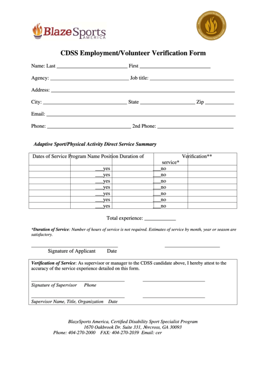 Cdss Employment/volunteer Verification Form - Blaze Sports America Printable pdf