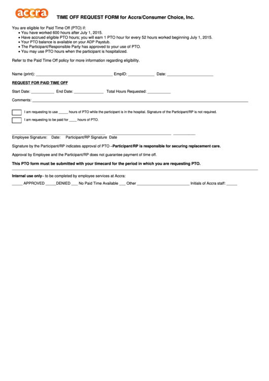 Time Off Request Form For Accra/consumer Choice, Inc.