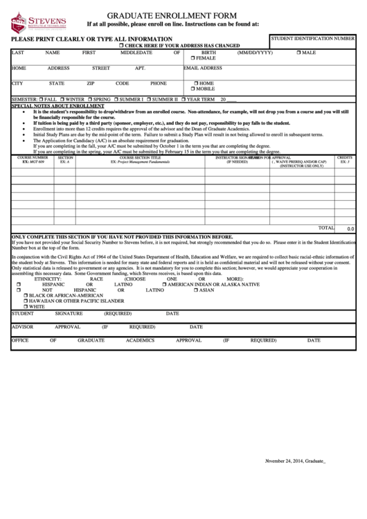 Fillable Graduate Enrollment Form Printable pdf
