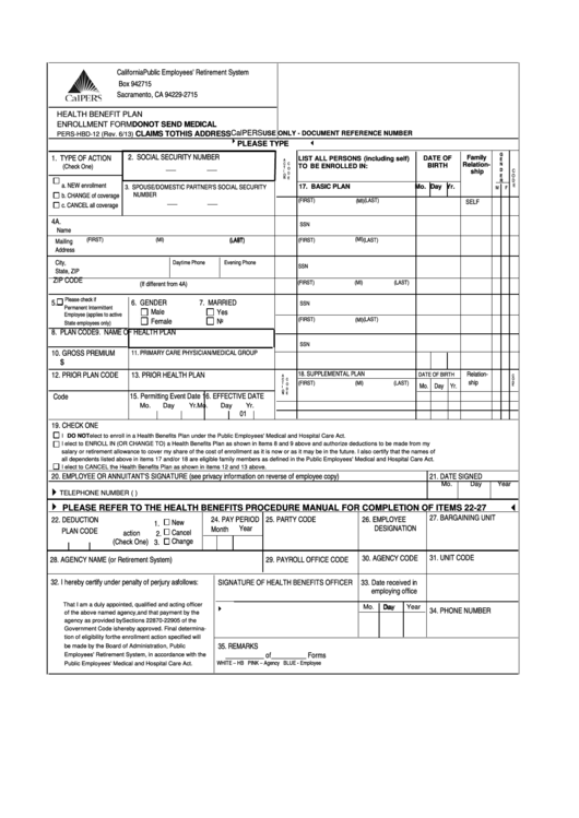 Health Benefit Plan Enrollment Form - California Printable pdf