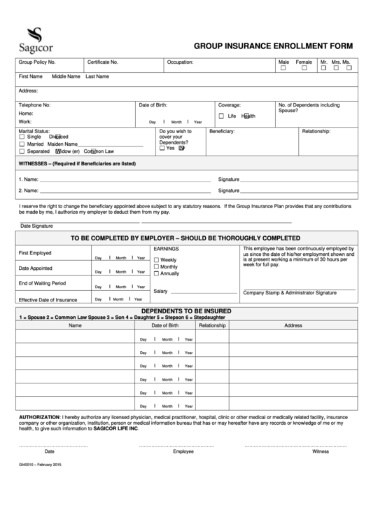 Group Insurance Enrollment Form - Sagicor Printable pdf