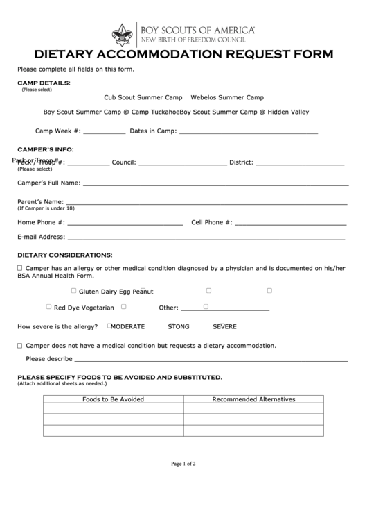 Fillable Dietary Accommodation Request Form - New Birth Of Freedom Council Printable pdf