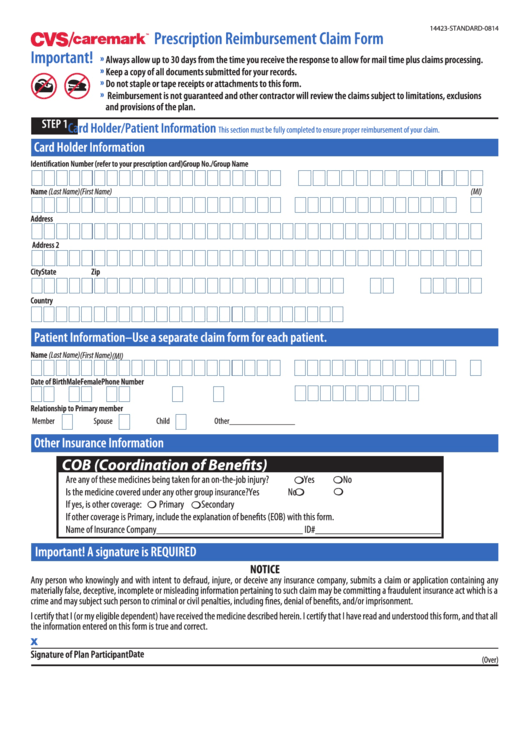Fillable Form 14423-Standard-0814 - Prescription Reimbursement Claim Form - Caremark Printable pdf