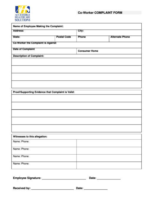 Co-Worker Complaint Form Printable pdf