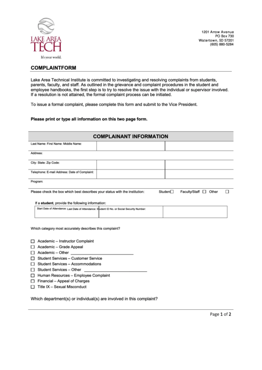 Fillable Complaint Form - Lake Area Technical Institute Printable pdf