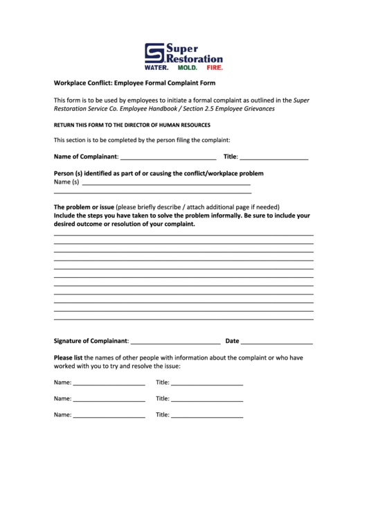 Workplace Conflict Employee Formal Complaint Form Printable pdf