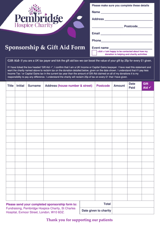 Sponsorship Form - Pembridge Hospice Charity Printable pdf