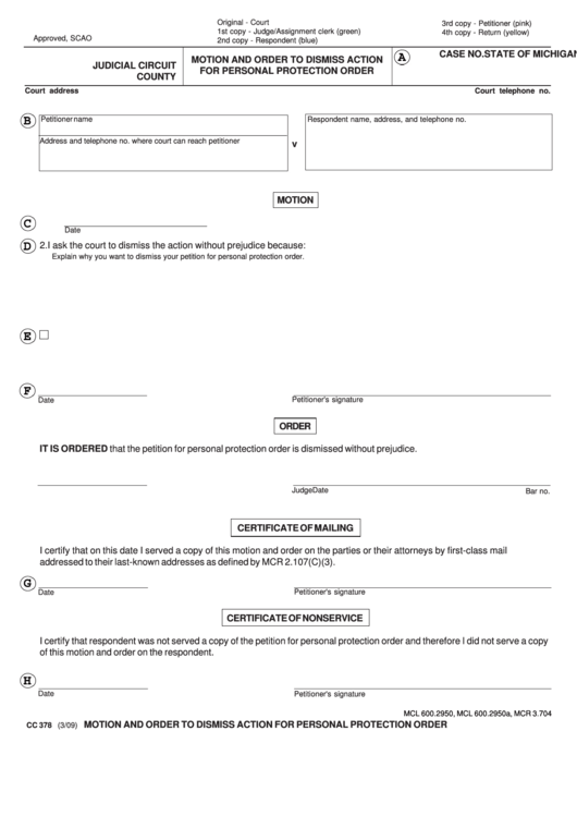 Fillable Motion And Order To Dismiss Action For Personal Protection Order (Michigan Courts - State Of Michigan) Printable pdf