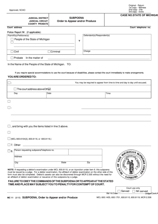 Fillable Subpoena - Order To Appear And/or Produce Printable pdf