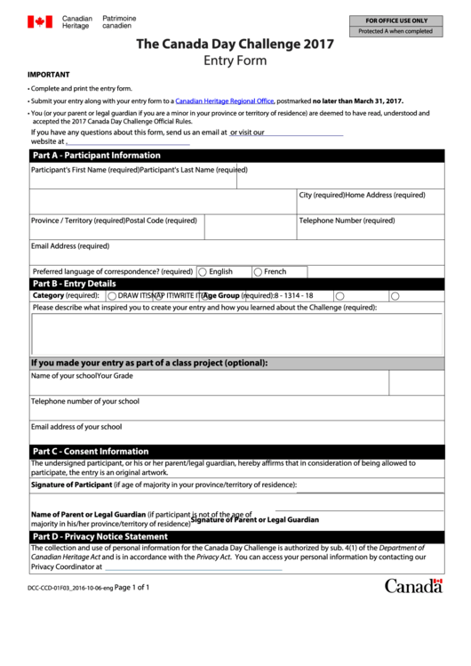Fillable Canada Day Challenge Entry Form Printable pdf