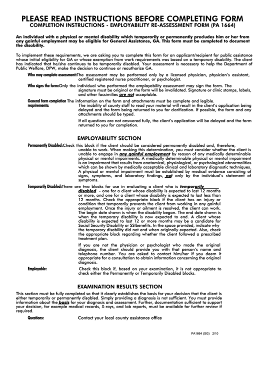 Fillable Employability Re-Assessment Form Pa 1664 - Department Of Public Welfare Printable pdf