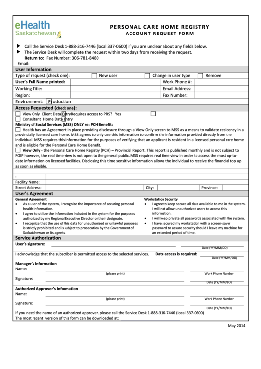 Personal Care Home Registry (pch) - Account Request Form