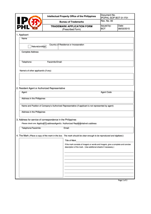 Trademark Application Form - Intellectual Property Office Printable pdf